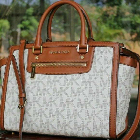 Michael Kors Handbags - MICHAEL KORS SELMA ZIP LARGE VANILLA LOGO LUGGAGE LEATHER SATCHEL BAG NWT!